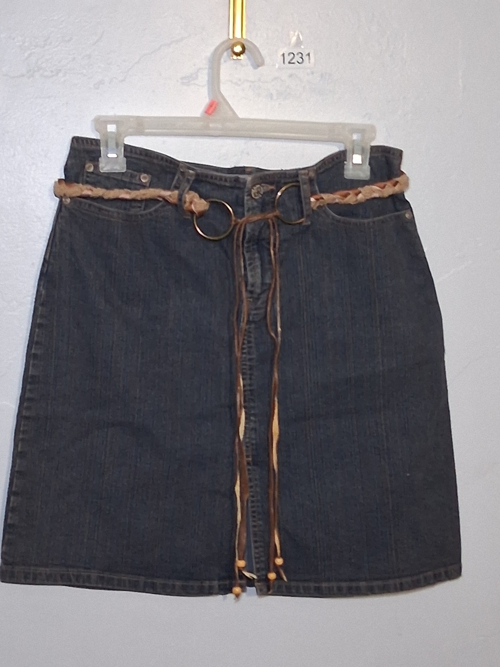 Faded Glory Dark Blue Denim Mini Skirt with Braided Tan Accent